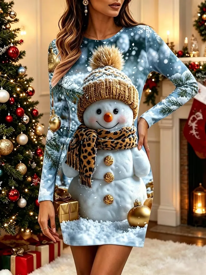 3D printed Christmas element pattern tight fitting dress, long sleeved round neck casual fashion women's clothing