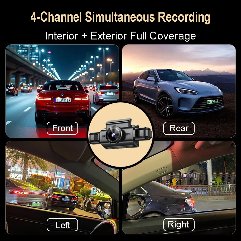 4K 4CH Hidden Car DVR with APP 24H Parking Mode G Sensor Motion Detect Loop Record Time Lapse Stealth Recording Night Vision WDR