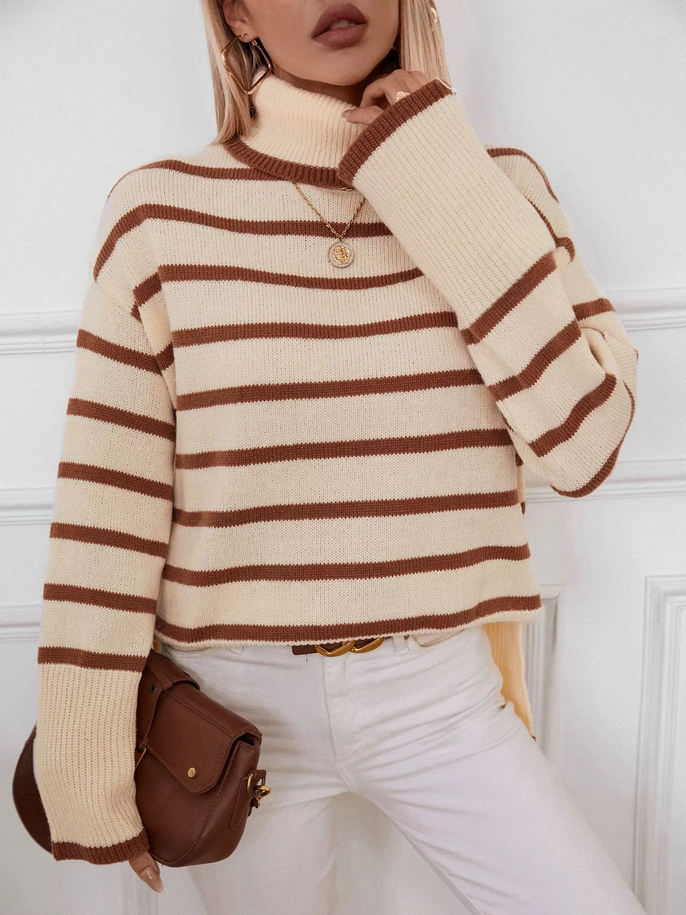 

Winter Knitted Hoodie Elegant Fashion Collar Temperament Commuter Stripe Large Women's Sweater Female