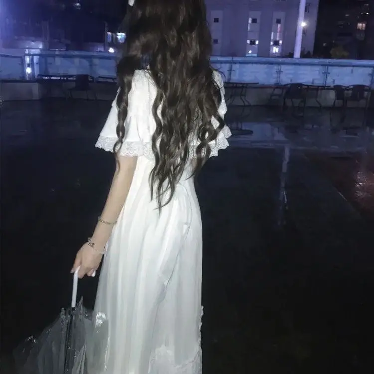 Vestido japonés de encaje con lazo de manga corta, falda larga ajustada blanca, estilo dulce, traje para cita diaria de otoño 2025, ropa informal elegante para mujer