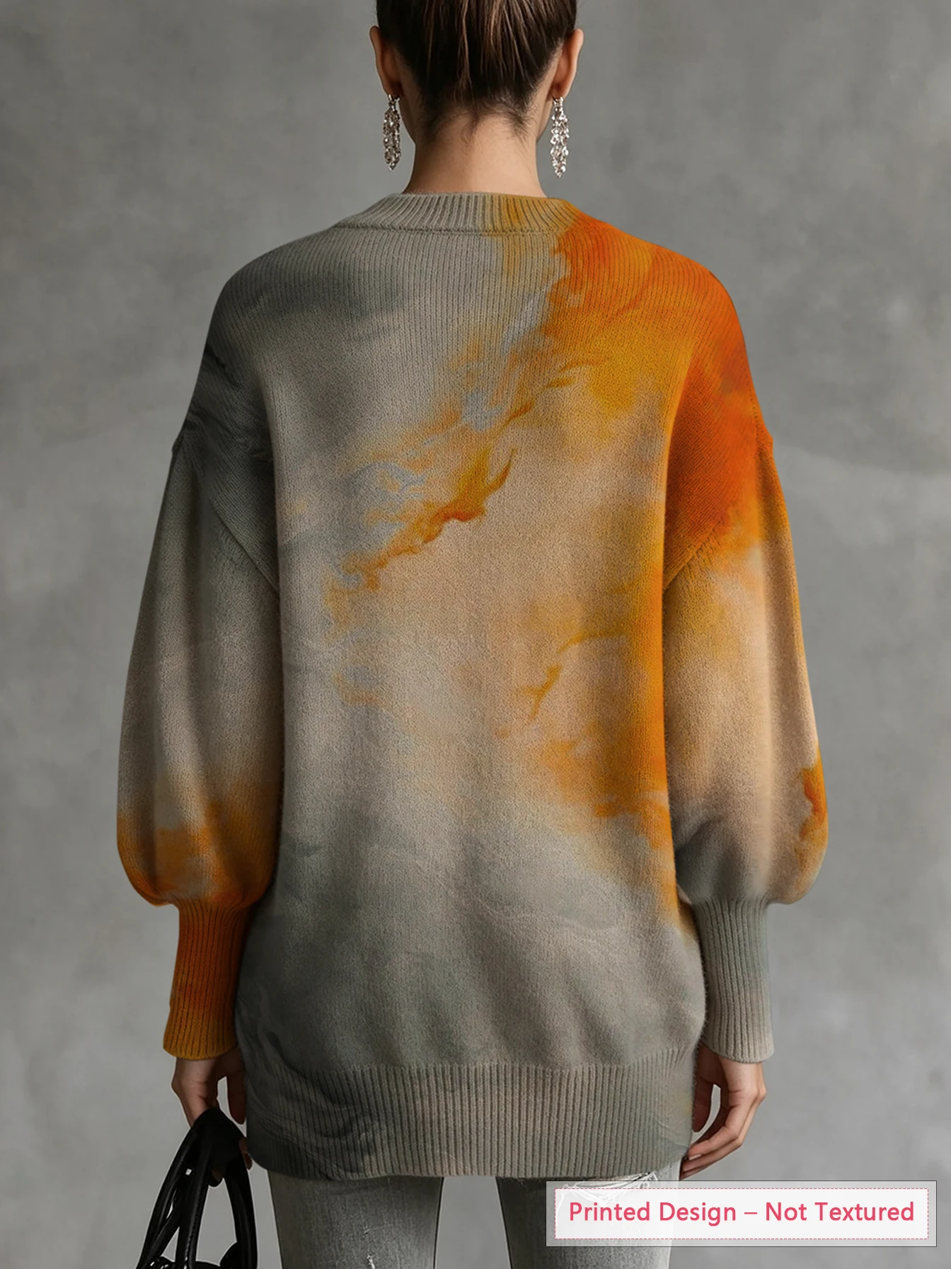 Women's Woolen Top with Artistic Gradient Print, Diagonal Hem and Lantern Sleeve Design, Vintage Casual Style, Thin for Autumn and Winter, Skin-Friendly Fabric