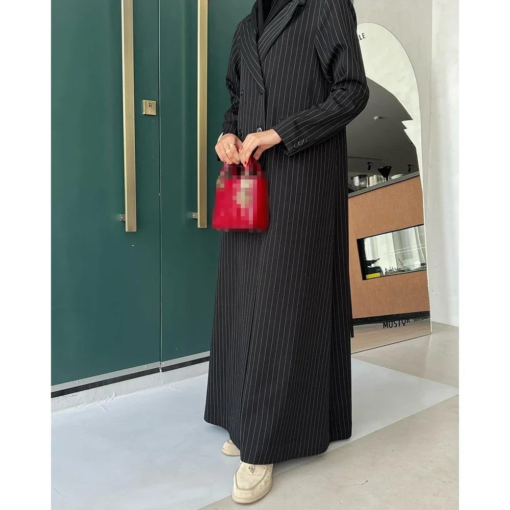 

Luxury Muslim Dubal Abayas Black Stripe Double Breasted Peak Lapel Formal Women Suits 1 Piece Jacket Elegant Blazer Jacket