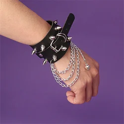 80s Gothic Punk PU Leather Studded Spikes Rivet Bell Wide Cuff Bracelet Bangle Chains Buckle Wristband for Women Jewelry Gift