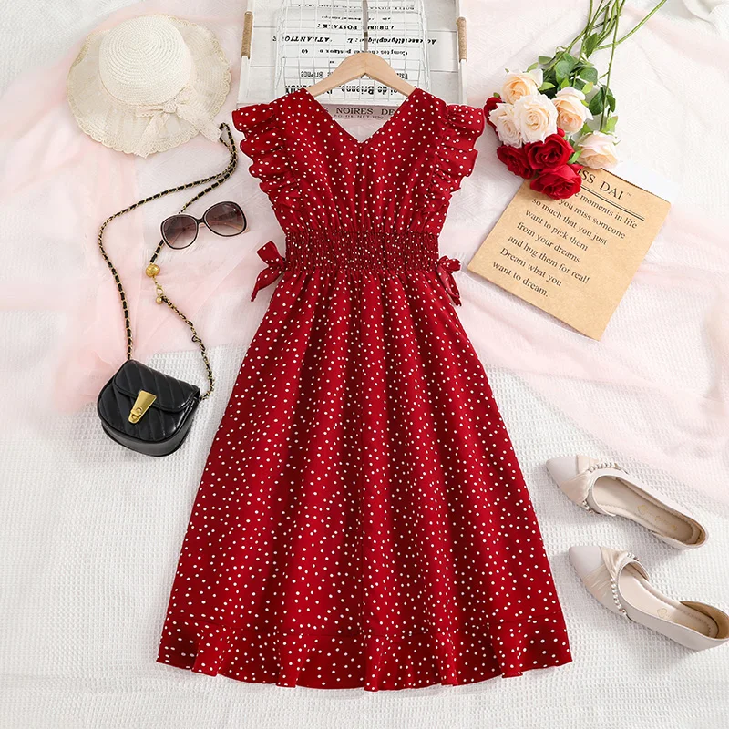 Girls Sleeveless V-Neck Red Polka Dots Dress Elegant Atmospherical Demure Princess Dress For Kids Birthday Premiere Girls Dress