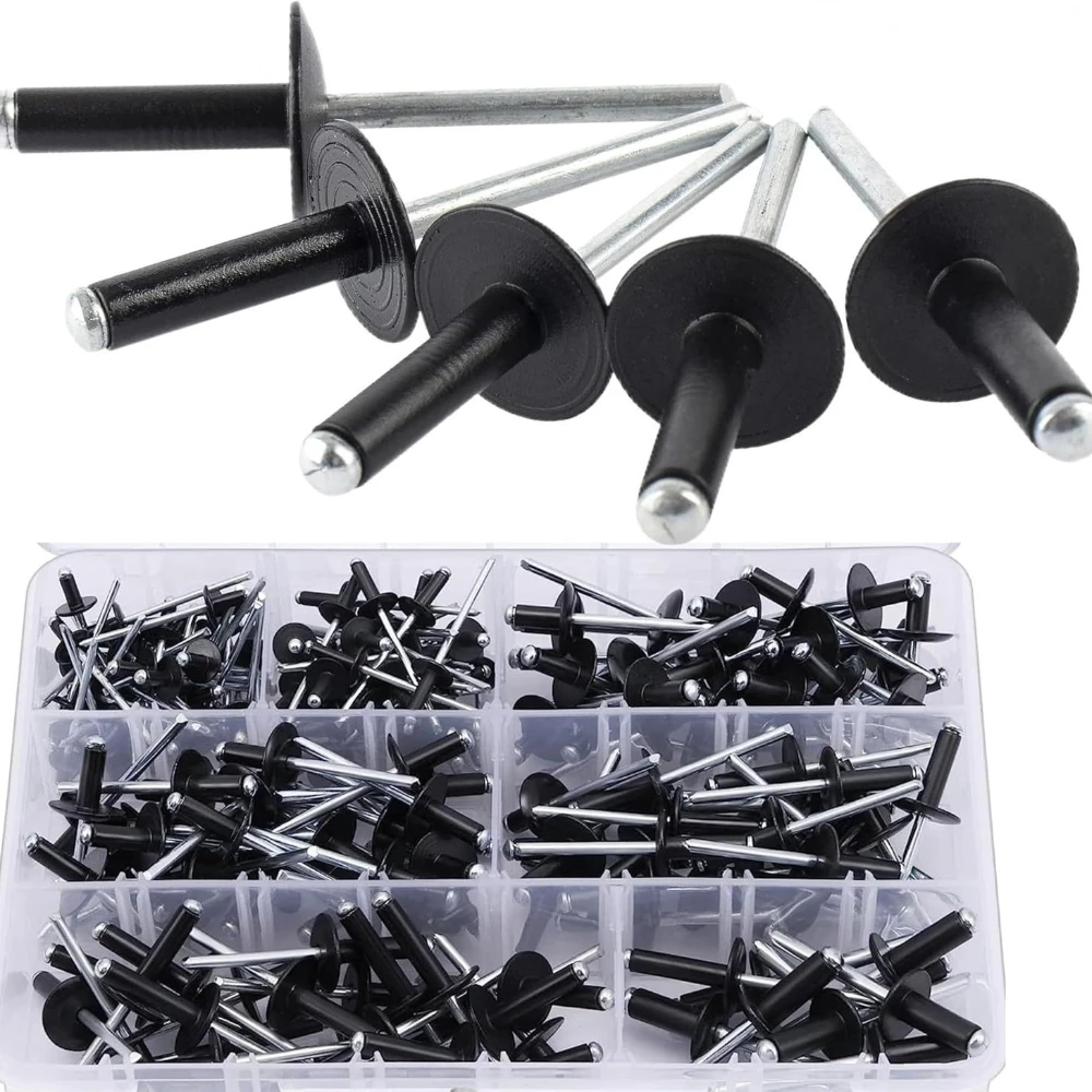 

220pcs Aluminium Steel Black Large Cap Blind Rivets and Pull Rivets Set Rivet Opening Type Large Cap Pull Rivets Box Hardware