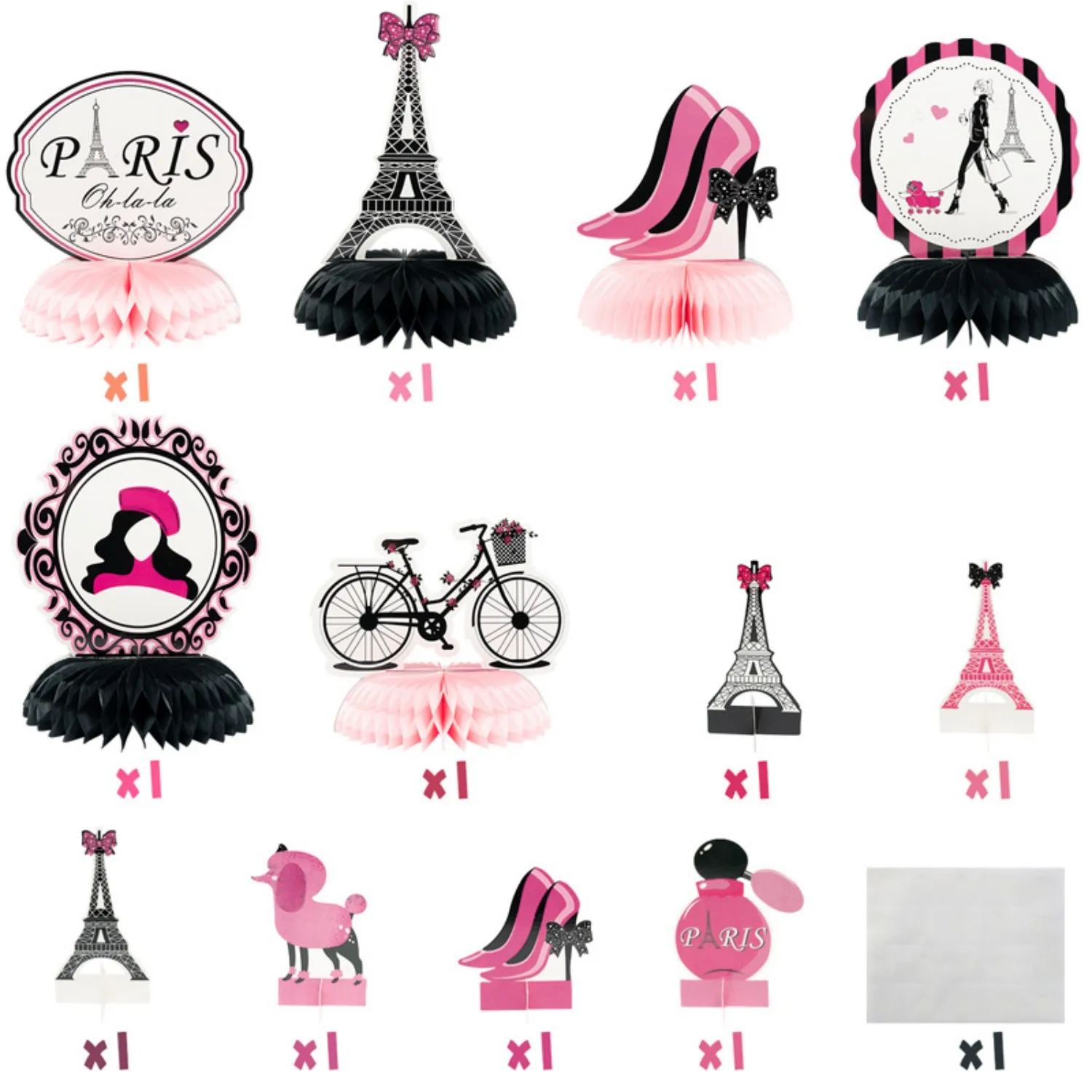 12pcs Pink Paris Honeycomb Balls Decorations Tower Card Standees for Bridal Shower Bachelorette Birthday French Themed Party