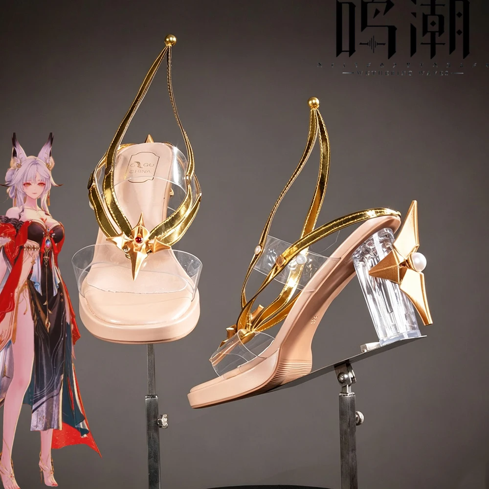 Game Wuthering Waves Hsin Cosplay Shoes Women PU Leather High Heels Boots Transparent Gold Sandals Carnival Costume