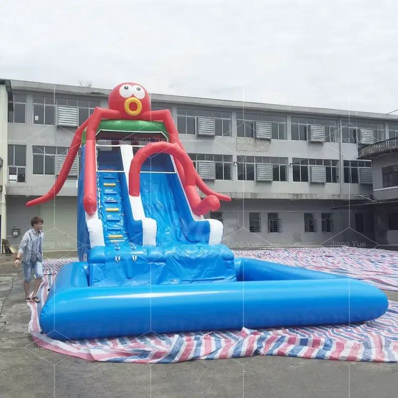 Portable Blue Wave Design Inflatable Octopus Water Slide Pool PVC for Kids Outdoor Summer Fun Family Backyard Splash Play