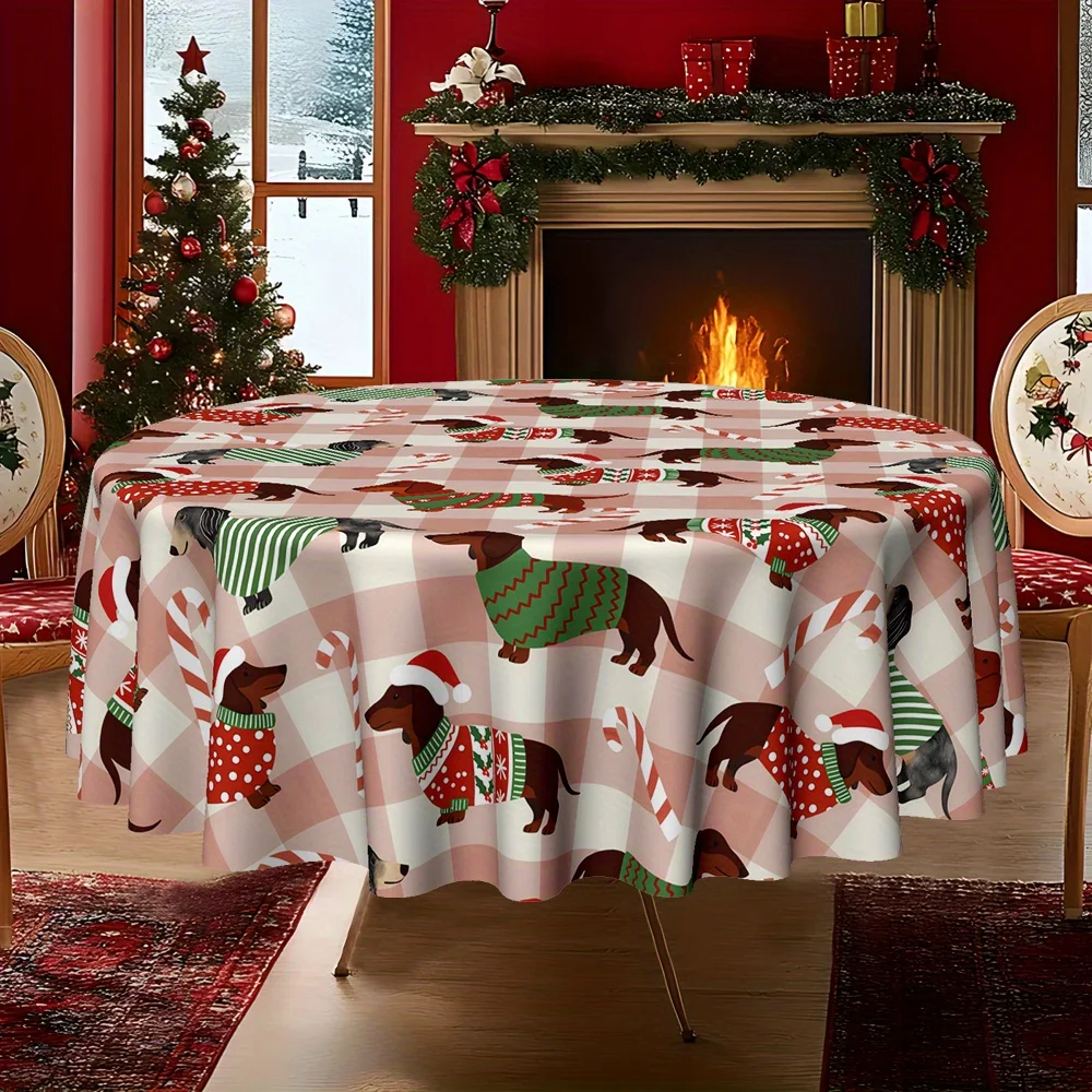 Christmas, Vintage Cartoon Dachshund Pastoral Plaid Printed Round Tablecloth, Thickened Twill Polyester