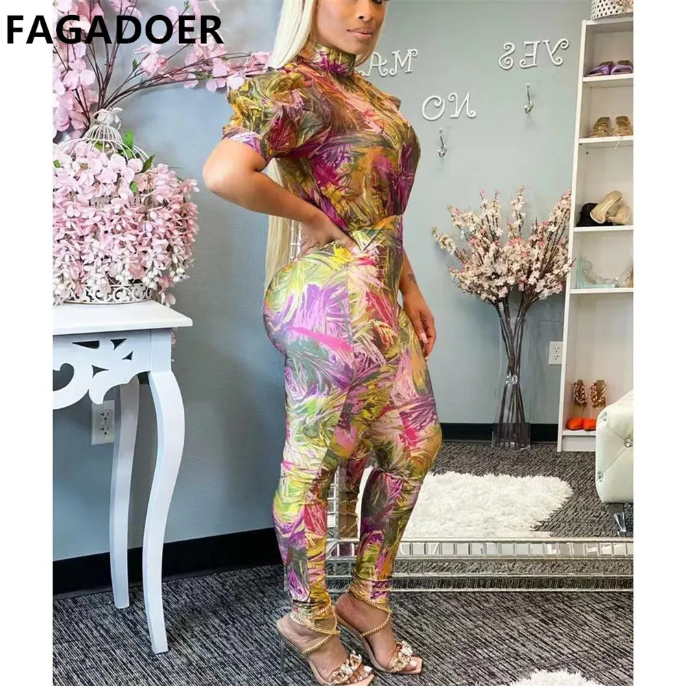 FAGADOER Puff Short Sleeve Retro Floral Jumpsuits Sexy Skinny Jumpsuits For Women Elegant Romper Overall Trousers Party Playsuit