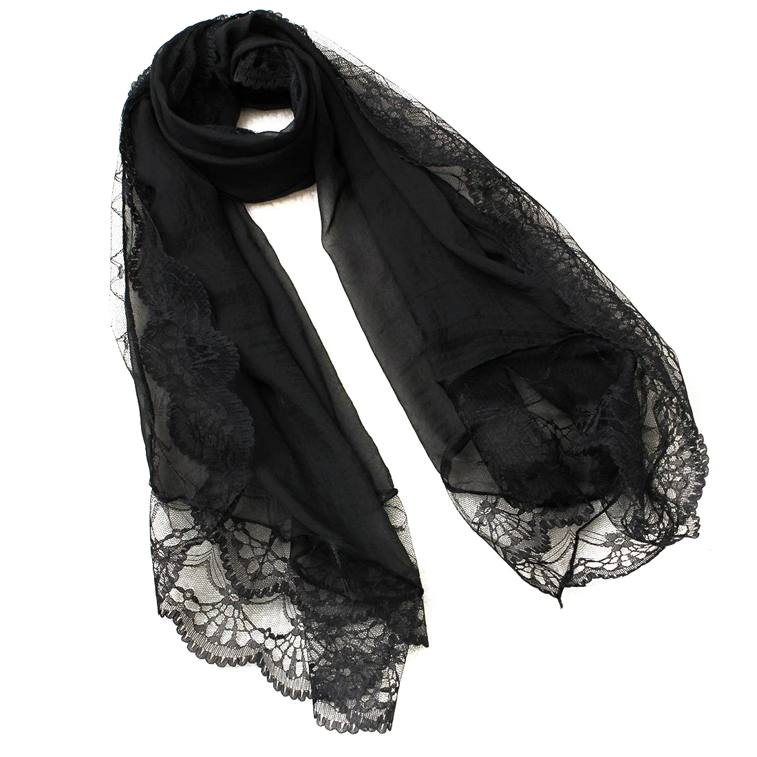 Écharpe en mousseline de soie et dentelle pour femme, foulard rond noir