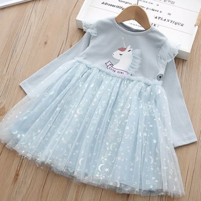 Kids Dresses for Girls Cute Cartoon Unicorn Dress Baby Girls Kawaii Five-pointed Star Moon Mesh Tutu Dress Princess Party Dress