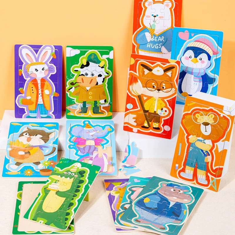 Cartoon Animal Wooden Puzzles 12 Pieces Montessori Jigsaw Game Baby Logic Thinking Training Early Learning Educational Toys Gift