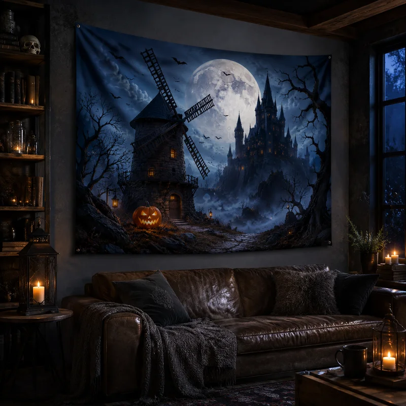 VIKAMA Halloween Windmill Castle Tapestry, Gothic Mansion with Full Moon, Dead Tree, and Bats—Wall Hanging for a Dark Night