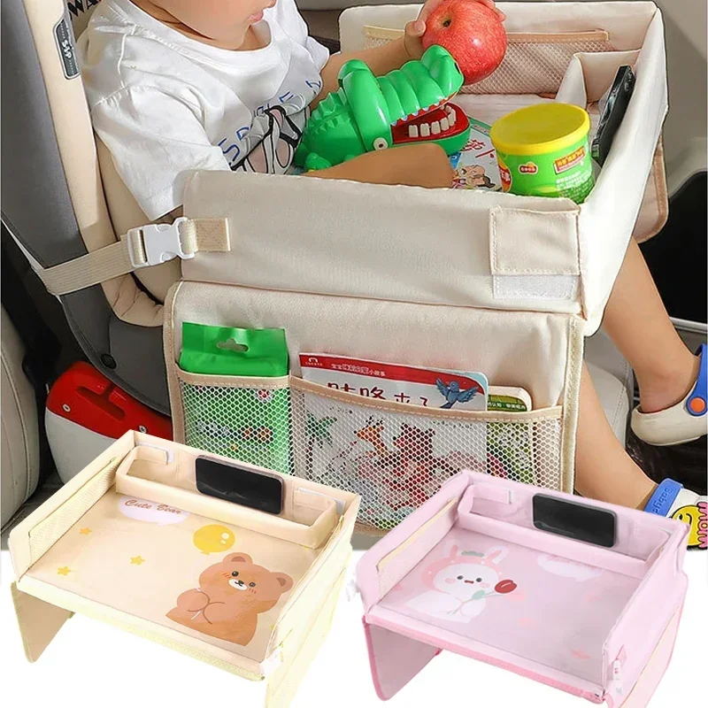 Car Seat Tray for Kids Foldable Multiple Pockets Waterproof Car Table Portable Kids Travel Tray Storage Fit for Eating Learning