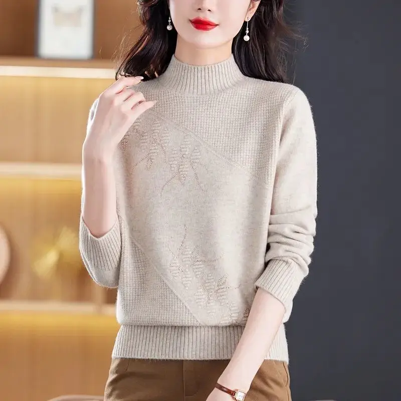 Crew Neck Autumn Winter Plant&Flowers Screw Thread Solid Color Pullover Button Long Sleeve Sweater Knitted Women's Clothing Tops