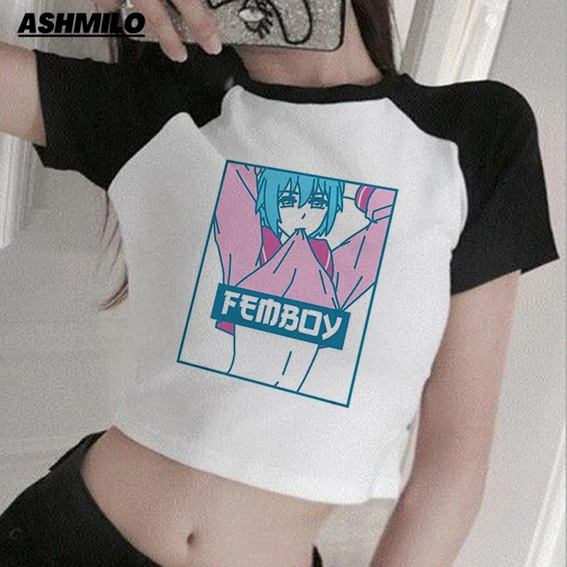 Crop Top Female Femboy Funny Graphic Streetwear Y2k T-shirt Summer Short Sleeve O Neck Korean Style T Shirt Female Slim Clothes