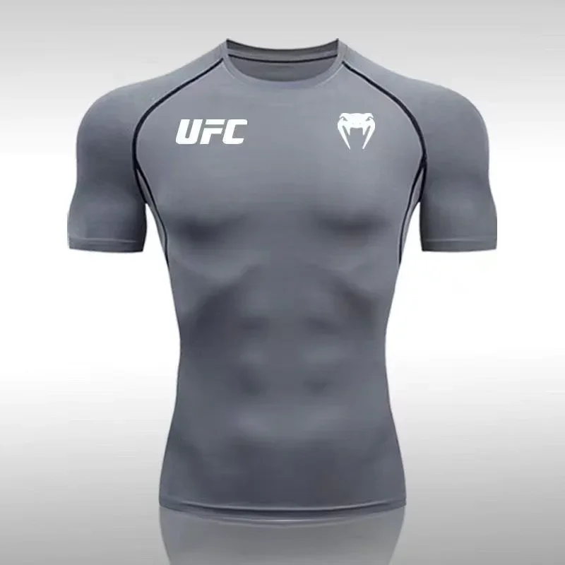 압박 티셔츠 남성용 빠른 건조 반팔 여름 피트니스 러닝 셔츠 타이트 핏 탑 UFC 프린트 남성용 트레이닝