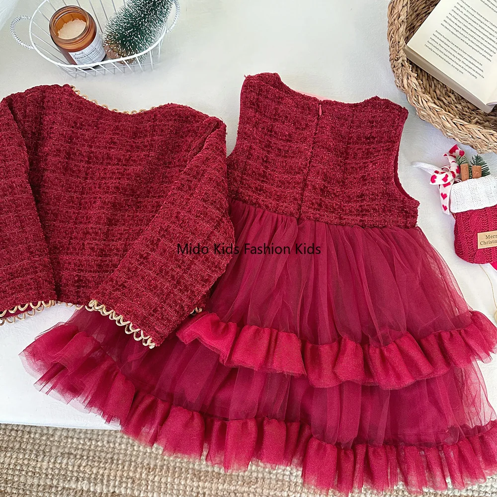 New Arrival Girls' Winter Set  Fleece-Lined Thickened Coat  Mesh Lace-Trimmed Vest Dress New Year Two-Piece Outfit