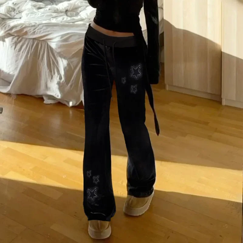 Rhinestones Star Velvet Flared Pants Y2K Aesthetic High Waist Baggy Sweatpants Jogging Casual Basic Boot Cut Trousers