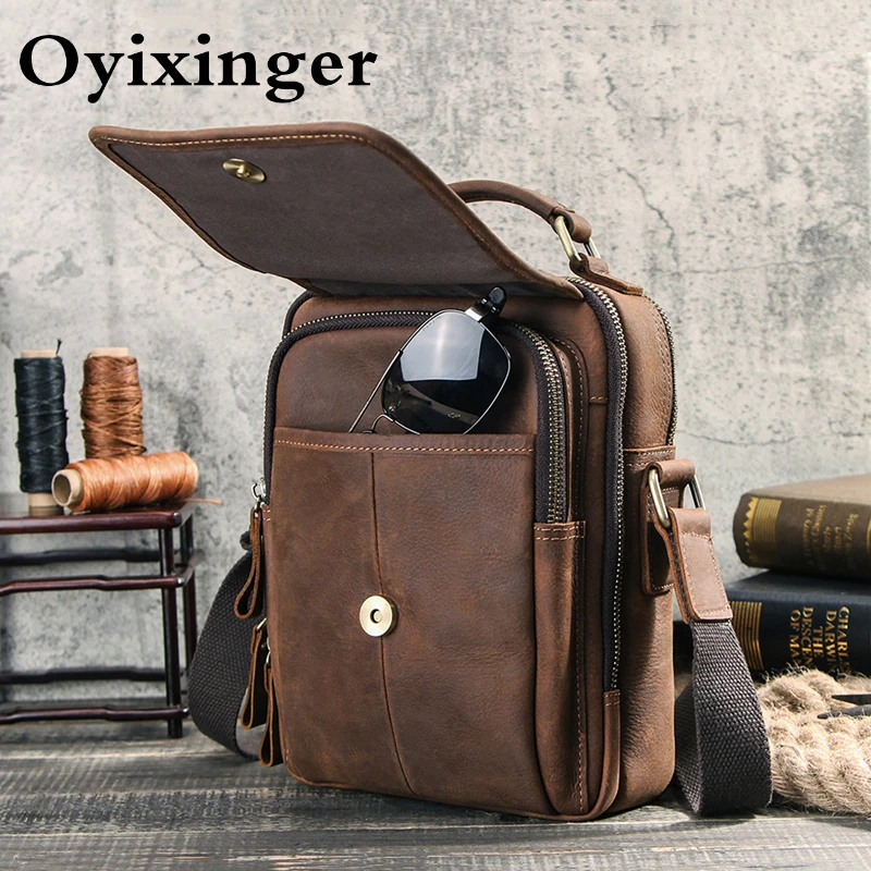 

OYIXINGER 2024 New Vintage Men Messenger Bag For Man Crazy Horse Leather Crossbody Bag For 7.9" IPAD High Quality Shoulder Bags