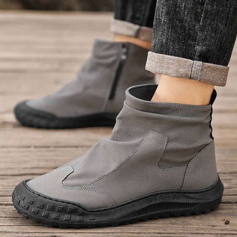 Botas de hombre, zapatos de trabajo de corte alto, botas planas de moda, otoño, nueva cremallera plisada, antideslizante, cómoda, suela gruesa, resistente al desgaste