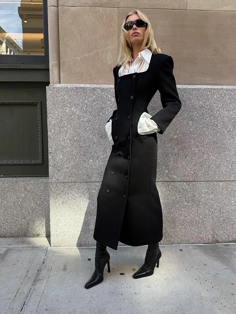 معطف طويل من الصوف مزدوج الصدر باللون الأسود صورة ظلية منظمة بقصة ضيقة معطف صوف طويل للنساء وصل حديثًا لشتاء 2025