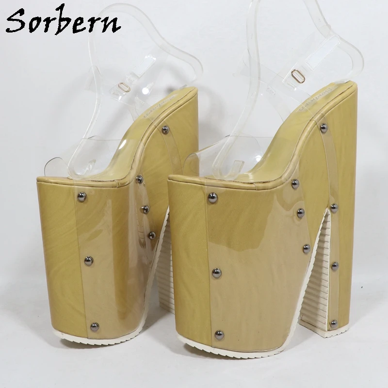 Sorbern Customized Transparent PVC Slippers 25cm High Heel Sandal Rivet Wooden Style Waved Soles Thick Platform Slingback Custom
