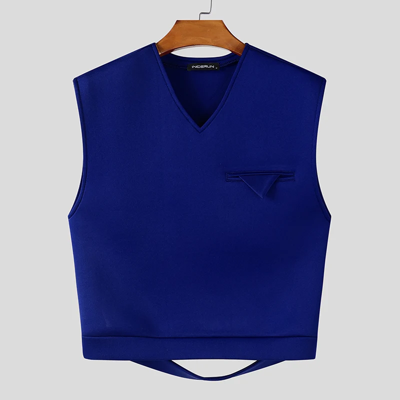 INCERUN 남성 조끼 솔리드 컬러 오넥 민소매 백리스 홀로우 아웃 조끼 남성 스트리트웨어 루즈 패션 남성 조끼 S-5XL