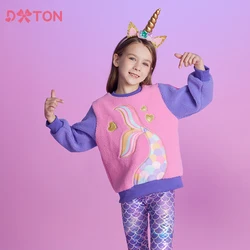 DXTON Girls Sweatshirts Polar Fleece Winter Thick Toddlers Long Sleeve Tops Mermaid Cartoon Kids Clothing Warm Child Sweatshirt