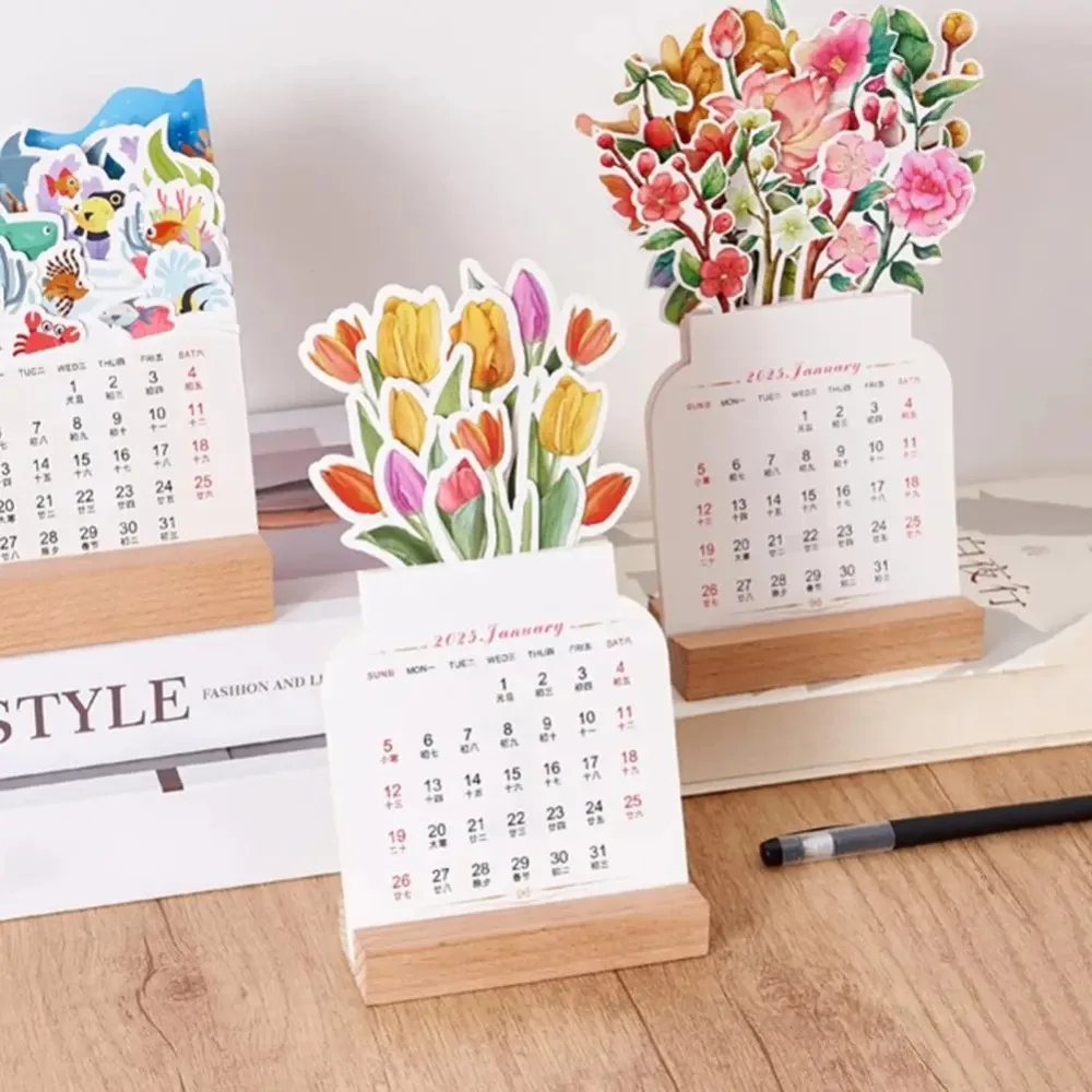 

New Year Blooming Flowers Desk Calendar Wooden Base Flowers Shaped Desktop Flip Calendar Detachable Monthly Cards