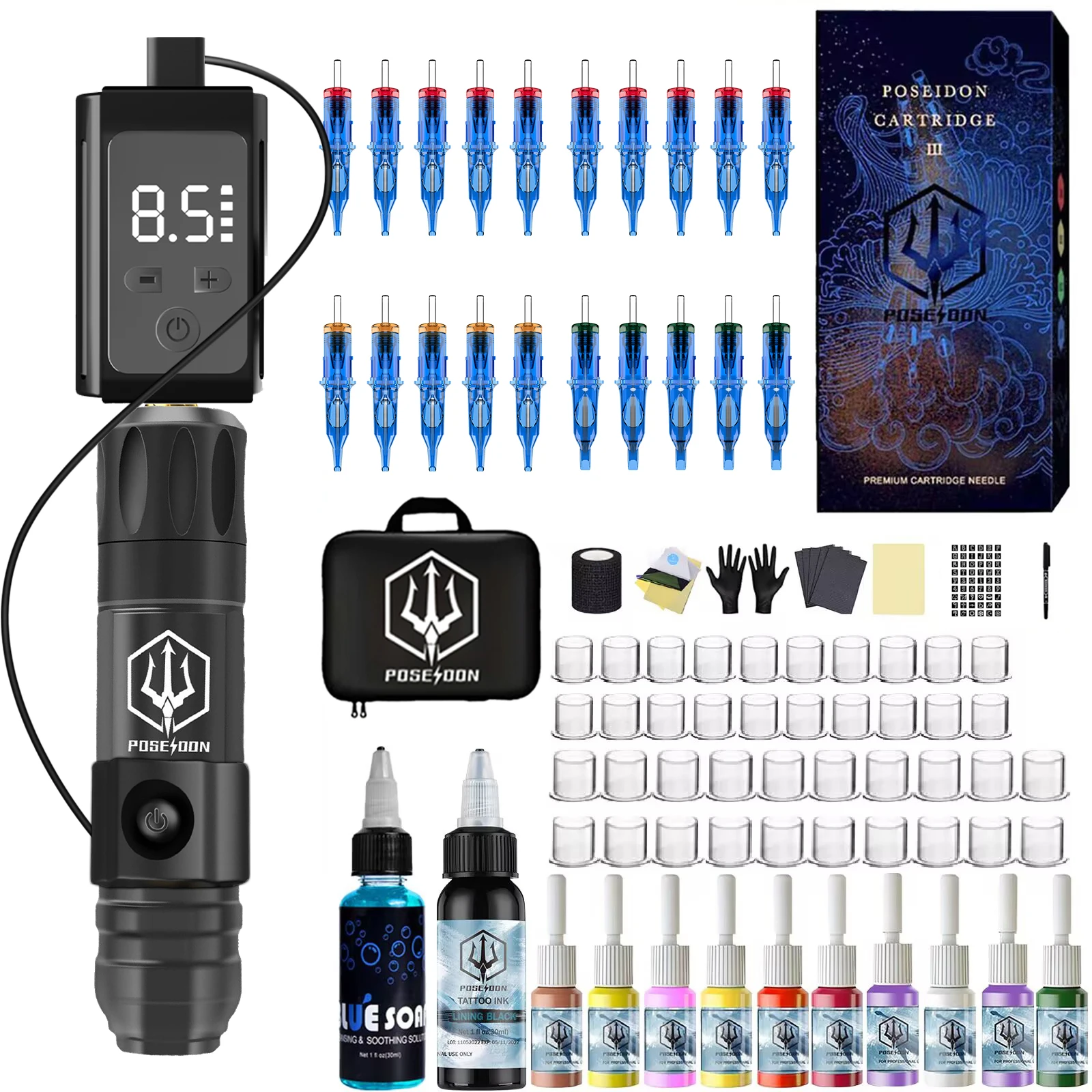 

Tattoo Kit POSEIDON Finger ontrolled Tattoo Pen Kit For Permanent Makeup Tattoo Machine Kit High Power Supply Tattoo Gun Kit