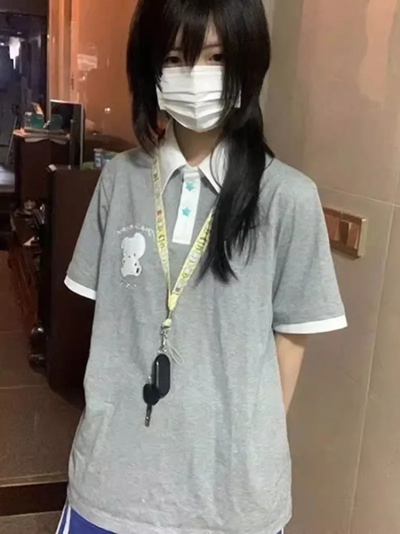 2025 New Japanese Summer Gray Puppy Print Polo Collar Shirt Short Sleeve Cute College Cartoon T-shirt For Women