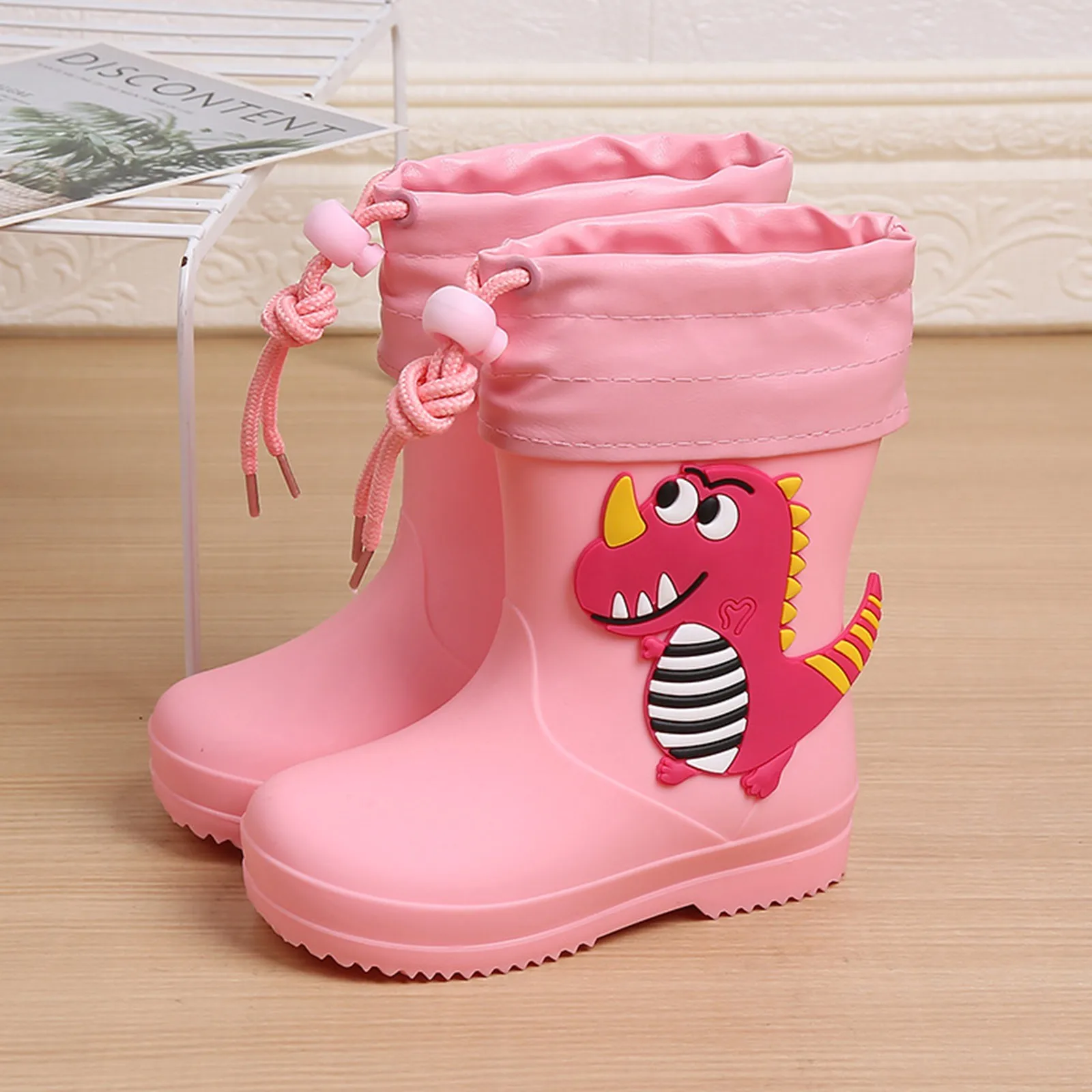 Rain Boots Kids Girl Cute 3d Rainboots Dinosaur Children'S Boys Boots Plush Warm Ankle Pvc Waterproof Toddler Water Shoes