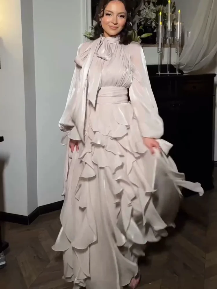 Women's Shining Tiered Ruffle Long Dress Elegant Turtleneck Lantern Sleeve High Waist Maxi Dress With Scarf Lady Evening Robes - AliExpress 200000345 Women's Shining Tiered Ruffle Long Dress Elegant Turtleneck Lantern Sleeve High Waist Maxi Dress With Scarf Lady Evening Robes - AliExpress 200000345