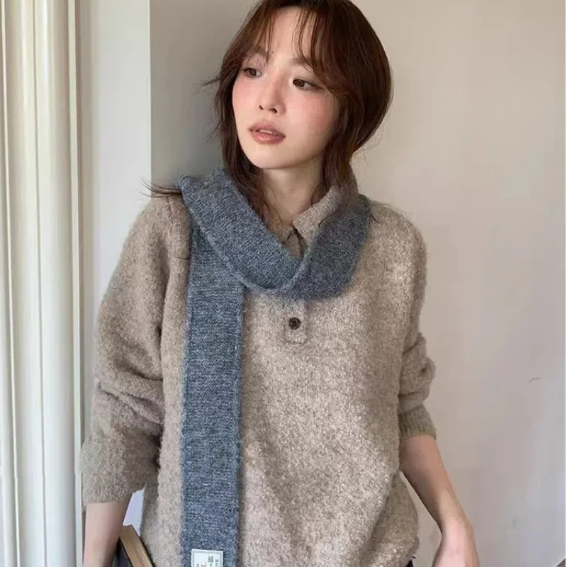 

Autumn Winter Solid Color Imitation Cashmere Narrow Scarf With Letter Adhesive Cloth Scarf Warm Long Scarf Korean Women Scarf