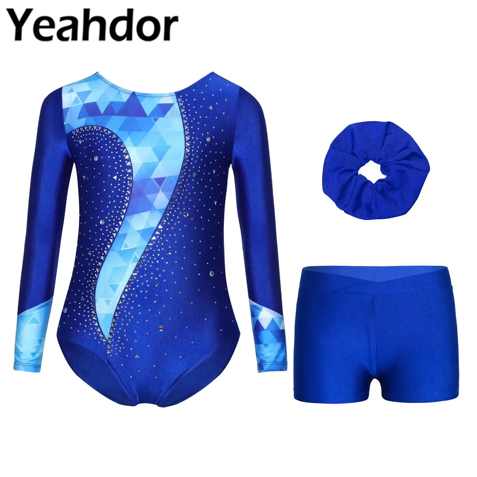 أطفال بنات الباليه الجمباز مجموعات الرياضة الرقص الزي طويلة الأكمام حجر الراين ديكور يوتار مع السراويل الشعر التعادل المرحلة زي #1