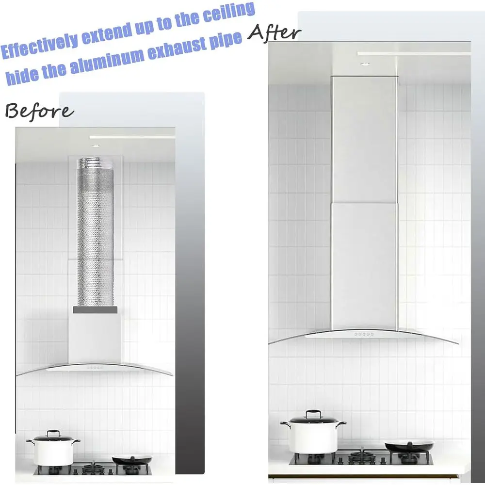 Okap kuchenny montowany na ścianie, ze stali nierdzewnej, z kominem i osłoną na rurę odprowadzającą powietrze, do sufitu o wysokości do 2,7 m.