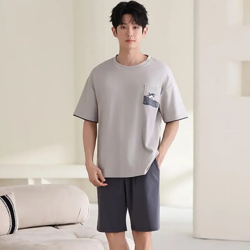 

Летние мужские пижамные комплекты больших размеров из хлопка с коротким рукавом 2026 года, корейская свободная домашняя одежда для сна и отдыха