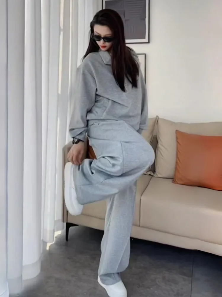 Streetwear Women Tracksuit Solid Color Stand Collar Long Sleeve Top Loose Fit Straight Pants New Autumn Running Two Piece Set