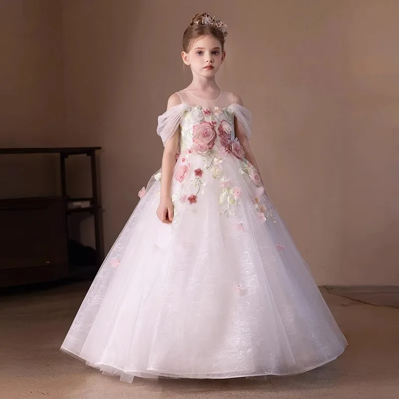 

2026 White Girls Flower Girl Wedding Dress Rose Children Birthday Evening Gown Host Piano Princess Gown Formal Party Celebration