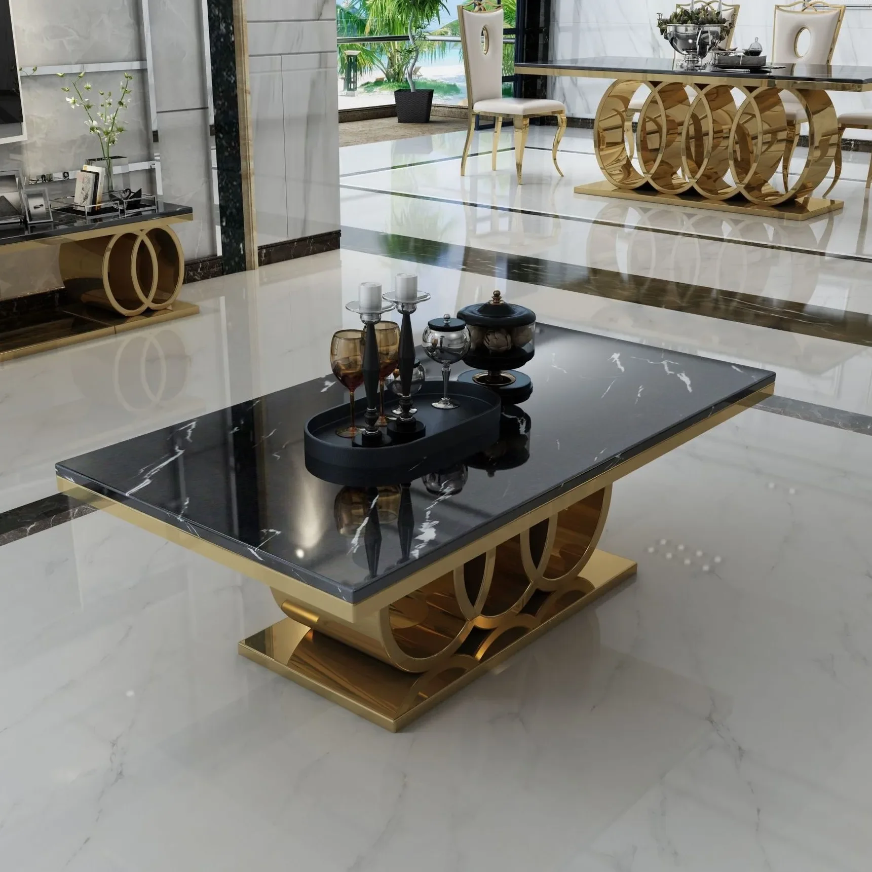 Living Room Center Table Legs   Marble Top Luxury marble Smart glass round coffee table