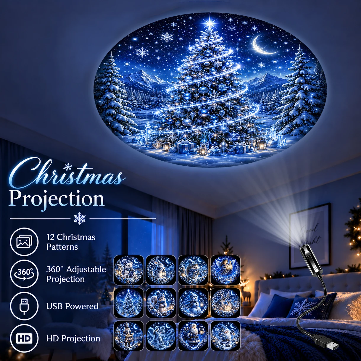 Christmas-themed projection night light, suitable for ceiling decoration and creating festive ambient lighting.