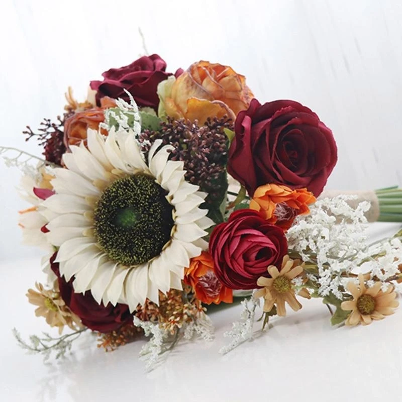 

Винтажный искусственный подсолнух, свадебный букет, деревенский водопад, каскадные реалистичные розы, свадебная цветочная 15UB