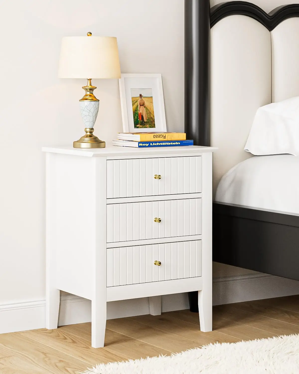 

Fluted Nightstand with 3 Drawers, Farmhouse Modern Bedside Table, White