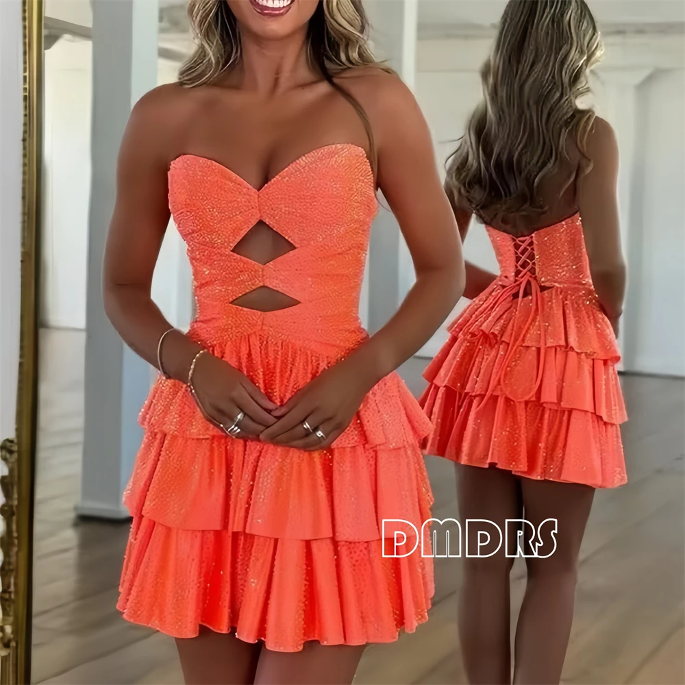 ชุดเดรสกลิตเตอร์ปักเลื่อมสำหรับวัยรุ่น ทรงเอไลน์สั้นแบบเว้าข้าง ชุดราตรีงานพรอม ชุดเดรสออกงานกลางคืนสำหรับคลับ