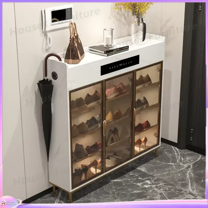 Wooden Shoe Rack Cabinet with LED Light and Human Body Sensor Smart Entryway Storage Organizer for Shoes Home Hallway