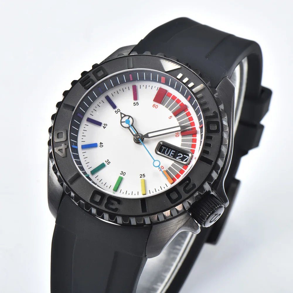 Men's PVD Black Watch NH36 Movement Rainbow Aseptic Dial Men's Fashion Business Waterproof Watches Gifts