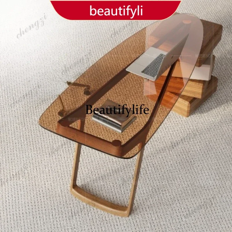 smt45 Light luxury high-end tempered glass solid wood computer desk bedroom study work desk