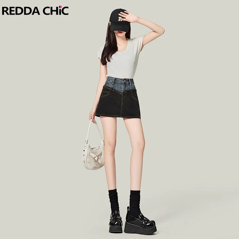 

ReddaChic Two Tone Patchwork Denim Mini Skirt Women Summer High Waist Color Block Frayed Bodycon Jeans Skirt Grunge Y2k Clothes